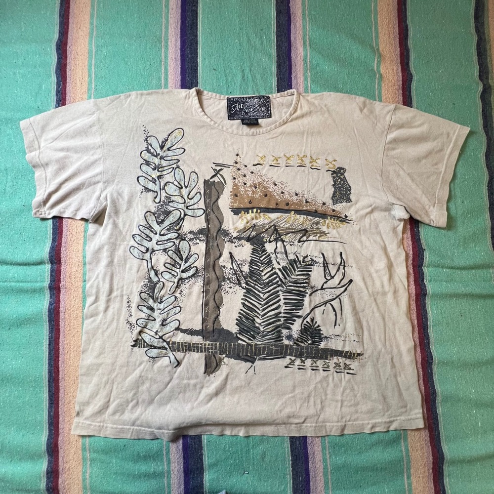 Art Wear Graphic T-Shirt Unisex OS Tan Abstract Botanical Vintage 90s USA Made